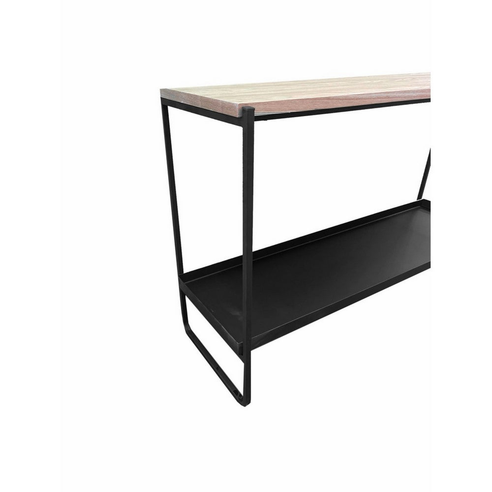 Benjara Evon 39 Inch Console Table, Natural Brown Wood Top And Shelf, Black Metal