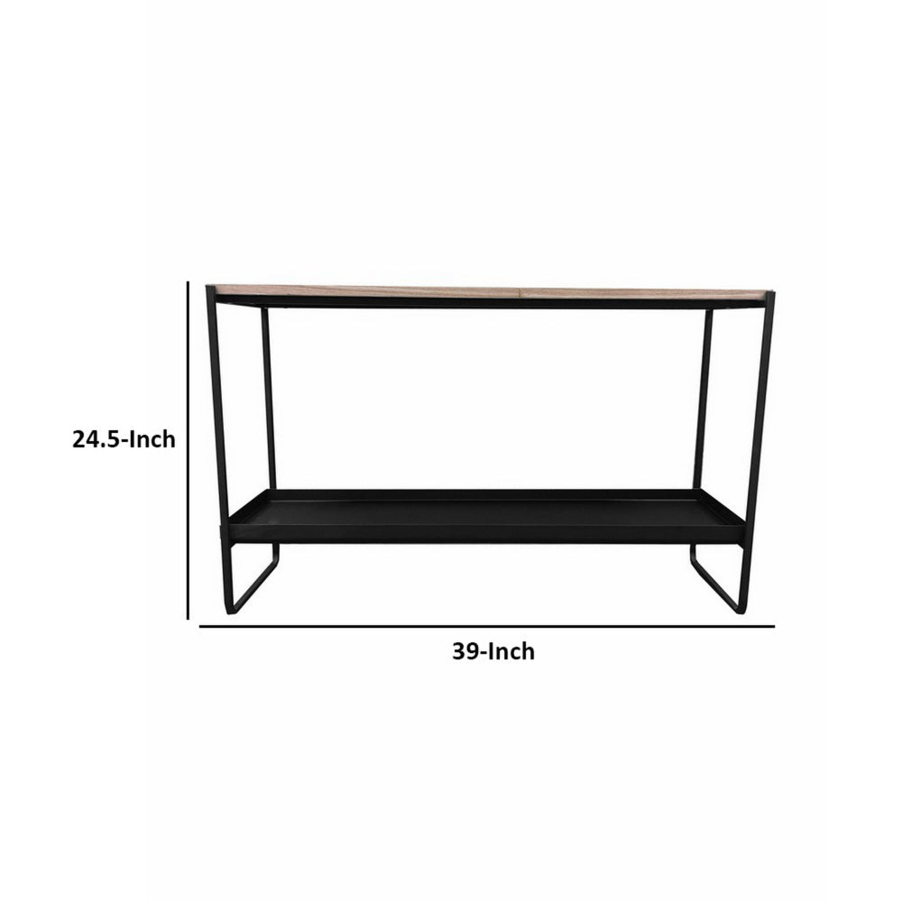 Benjara Evon 39 Inch Console Table, Natural Brown Wood Top And Shelf, Black Metal