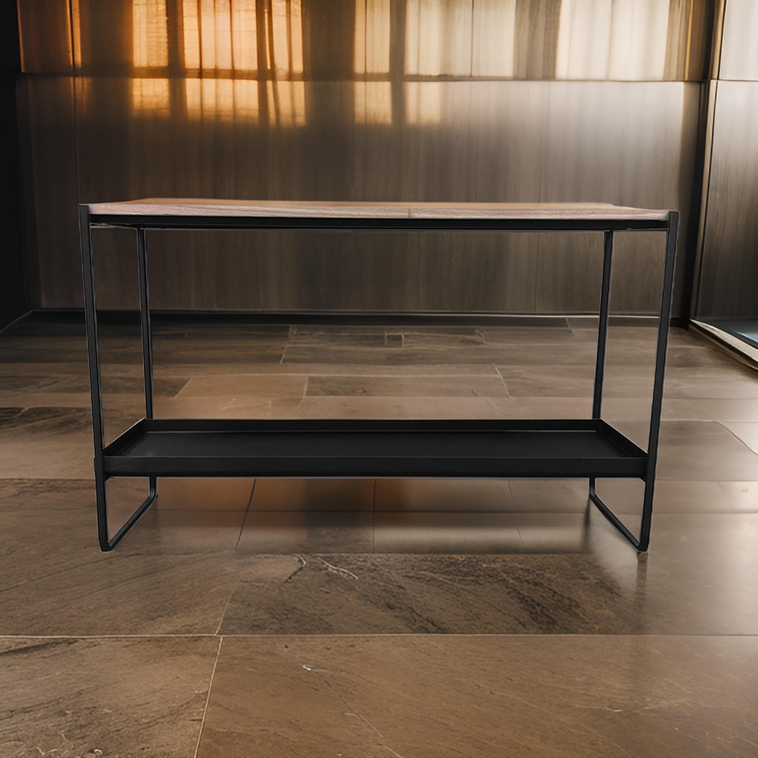 Benjara Evon 39 Inch Console Table, Natural Brown Wood Top And Shelf, Black Metal