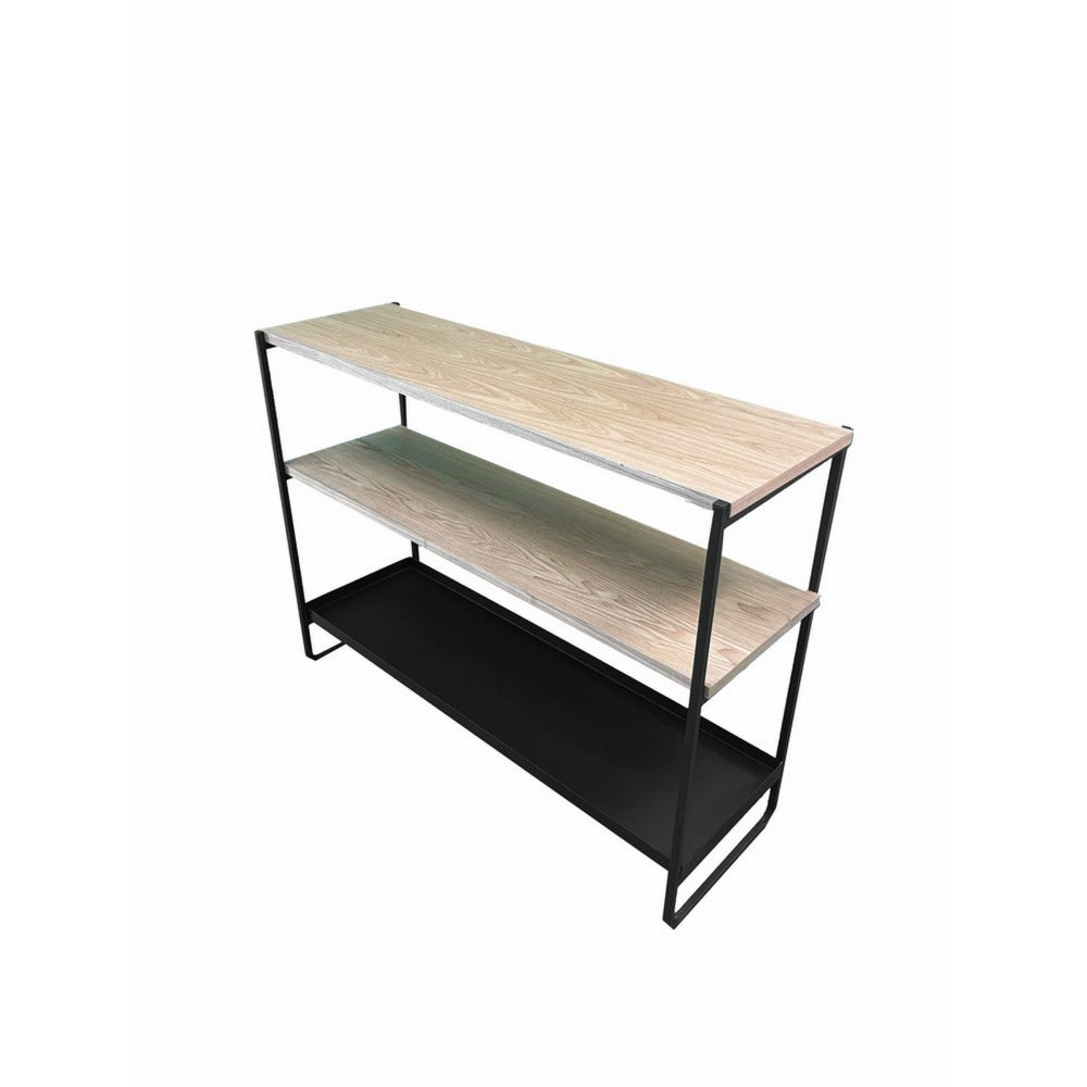 Benjara Evon 40 Inch Shelving Unit, Natural Brown Wood Top, 3 Shelves, Black Metal