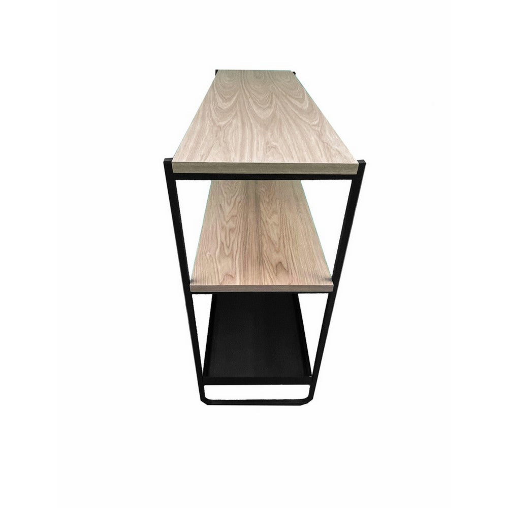 Benjara Evon 40 Inch Shelving Unit, Natural Brown Wood Top, 3 Shelves, Black Metal