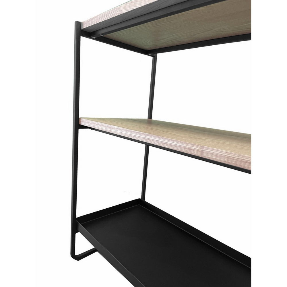 Benjara Evon 40 Inch Shelving Unit, Natural Brown Wood Top, 3 Shelves, Black Metal