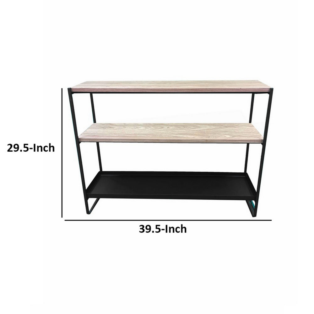 Benjara Evon 40 Inch Shelving Unit, Natural Brown Wood Top, 3 Shelves, Black Metal