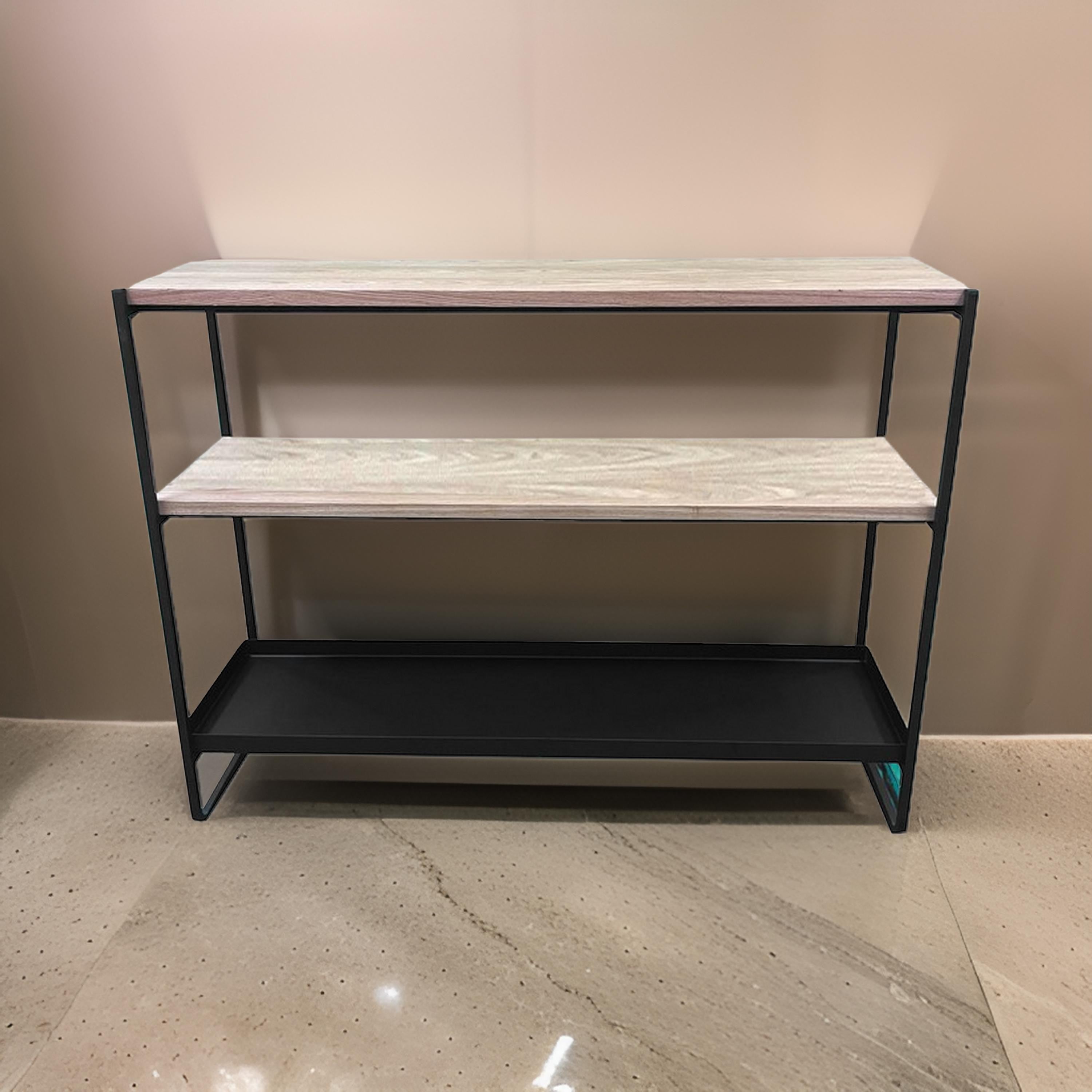 Benjara Evon 40 Inch Shelving Unit, Natural Brown Wood Top, 3 Shelves, Black Metal