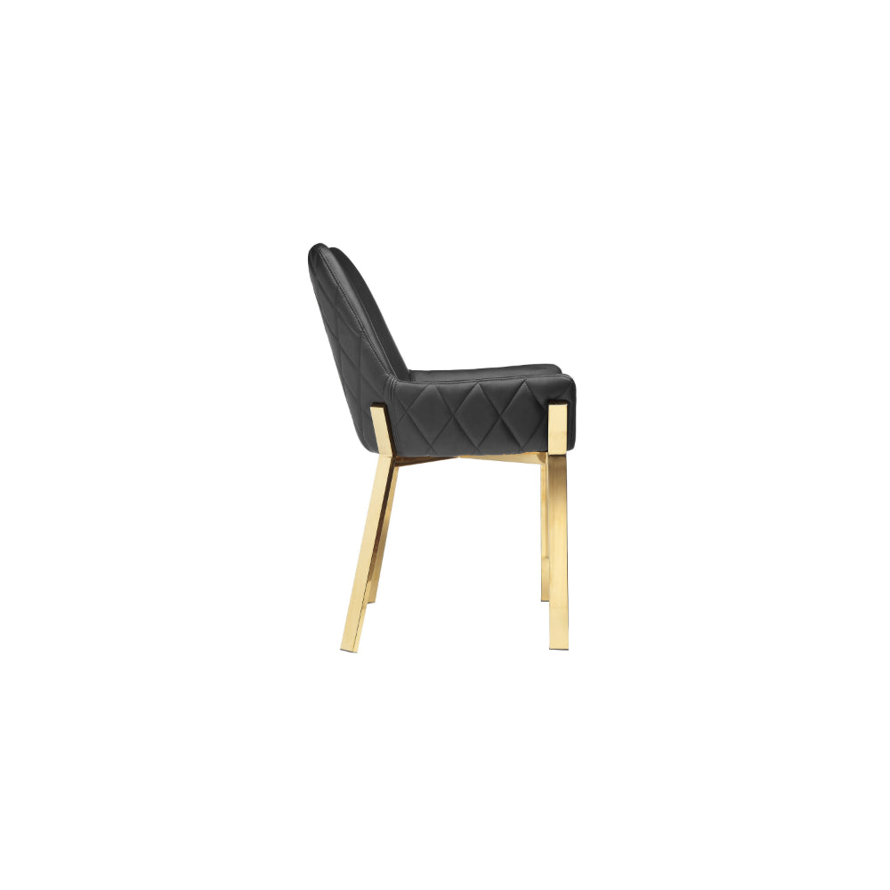 Benjara Fuma 23 Inch Dining Accent Chair Set of 2, Tufted, Black Faux Leather, Gold