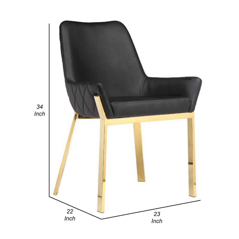 Benjara Fuma 23 Inch Dining Accent Chair Set of 2, Tufted, Black Faux Leather, Gold