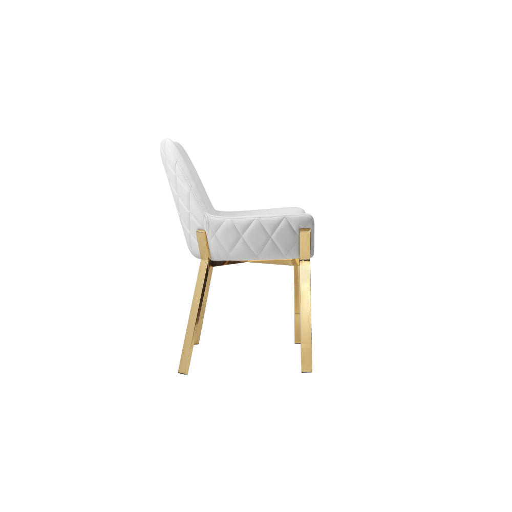 Benjara Fuma 23 Inch Dining Accent Chair Set of 2, Tufted, White Faux Leather, Gold