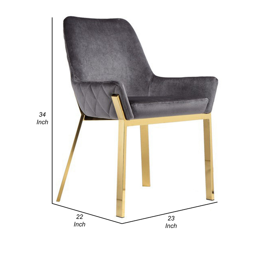 Benjara Fuma 23 Inch Dining Accent Chair Set of 2, Tufted, Gray Velvet Upholstry, Gold