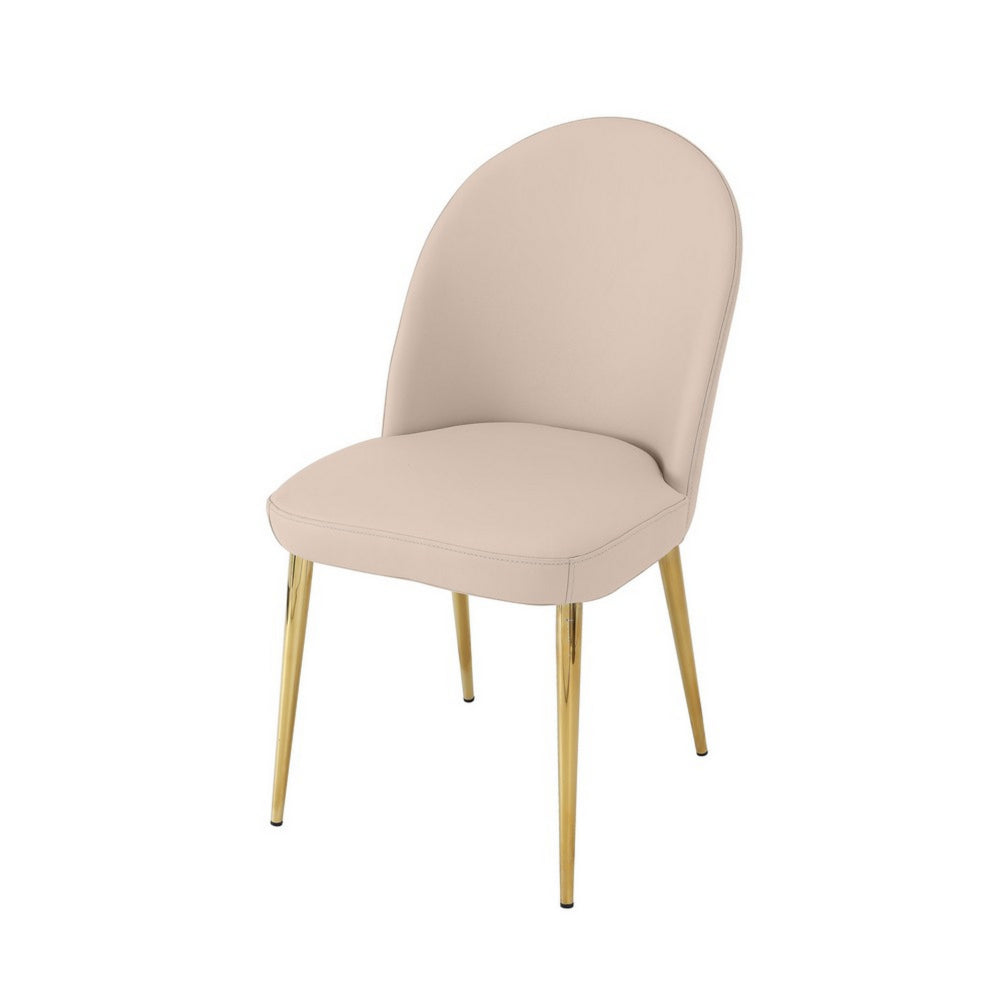 Benjara Era 24 Inch Dining Chair Set of 2, Curved Back, Beige Faux Leather, Gold