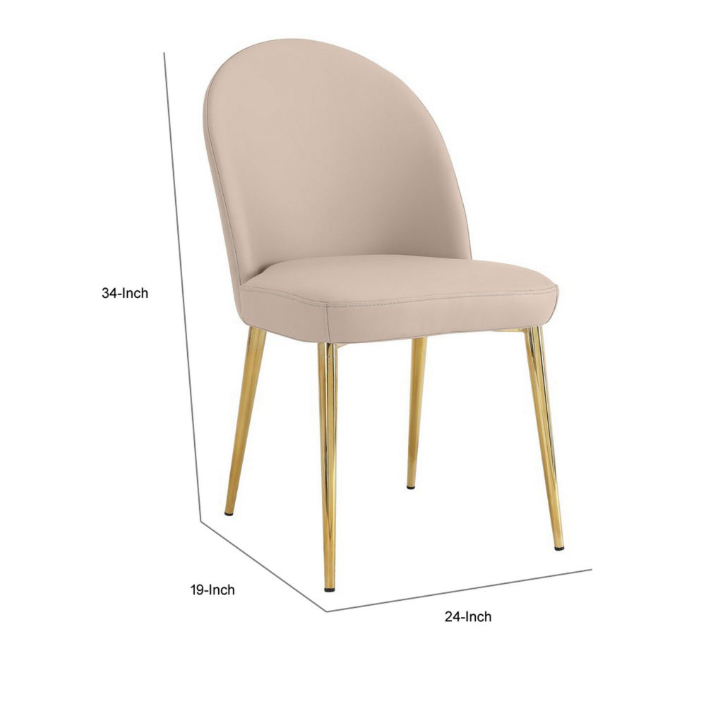 Benjara Era 24 Inch Dining Chair Set of 2, Curved Back, Beige Faux Leather, Gold