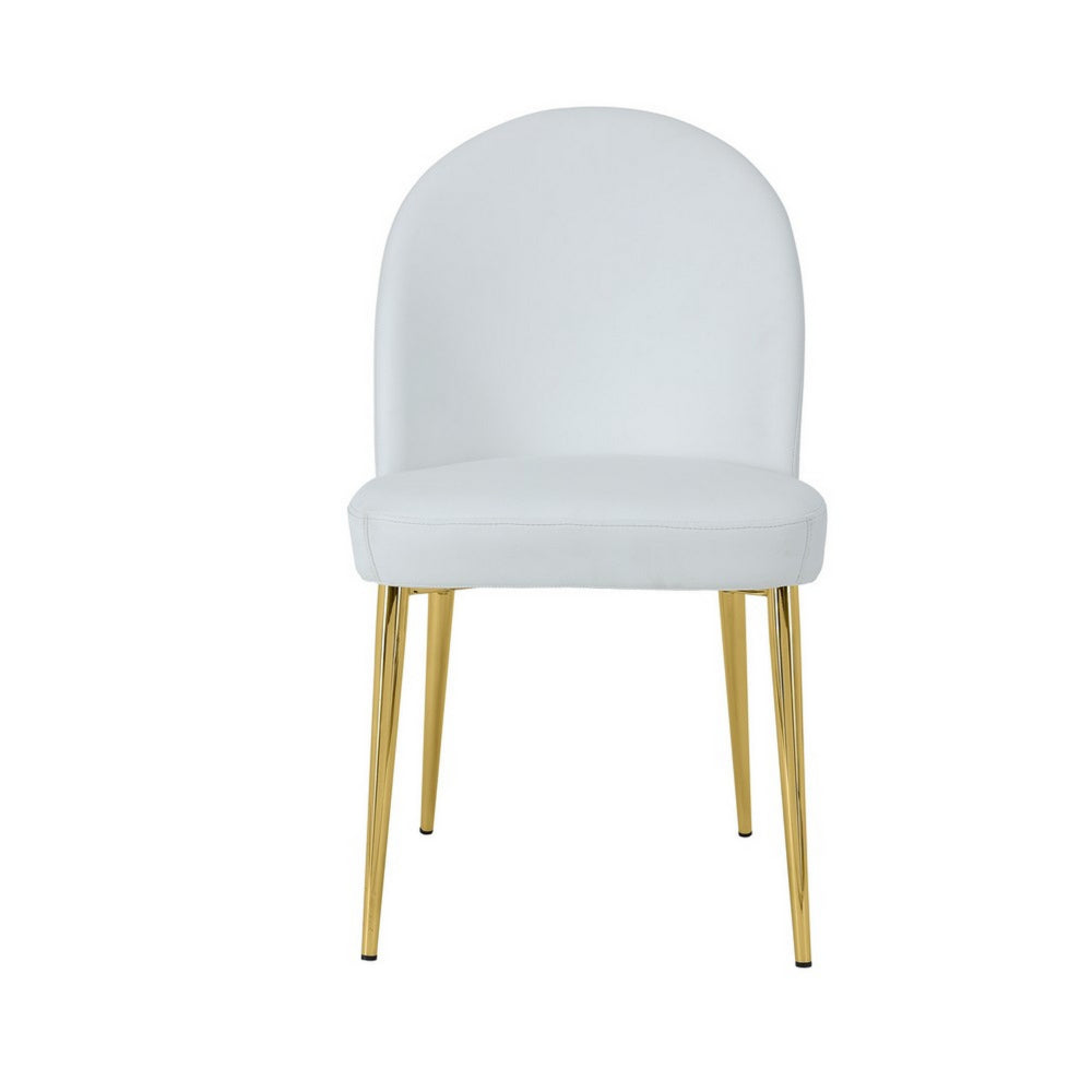 Benjara Era 24 Inch Dining Chair Set of 2, Curved Back, White Faux Leather, Gold