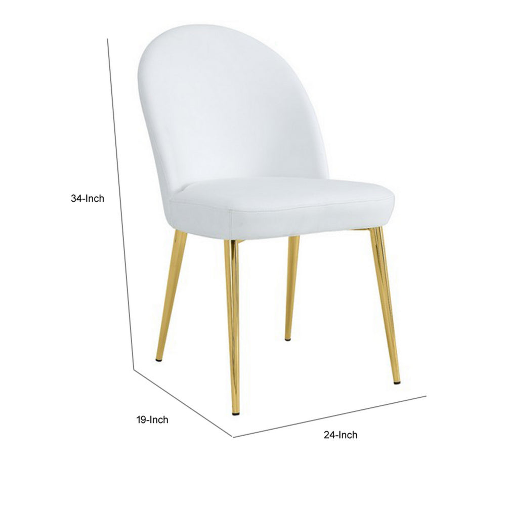 Benjara Era 24 Inch Dining Chair Set of 2, Curved Back, White Faux Leather, Gold