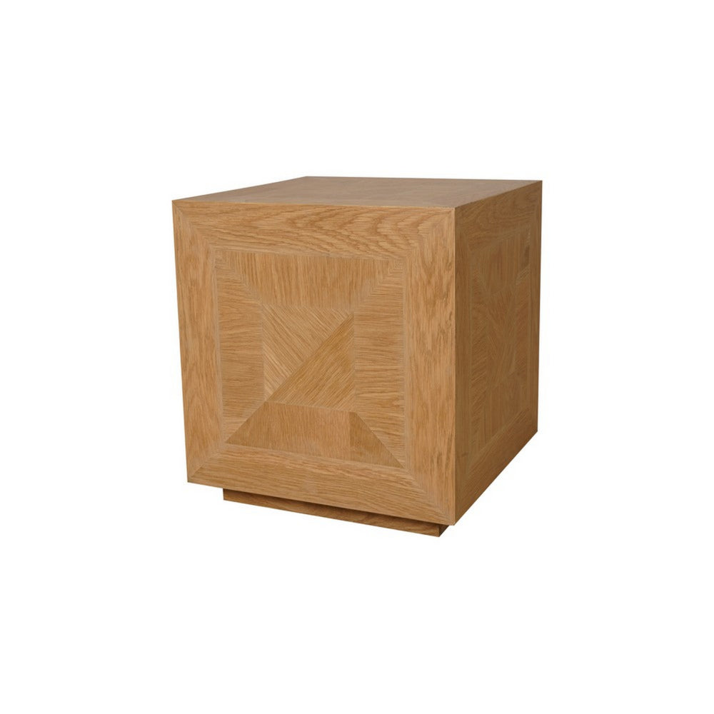 Benjara 19 Inch Side End Table, Square Geometric Design, Brown Oak Wood Veneer