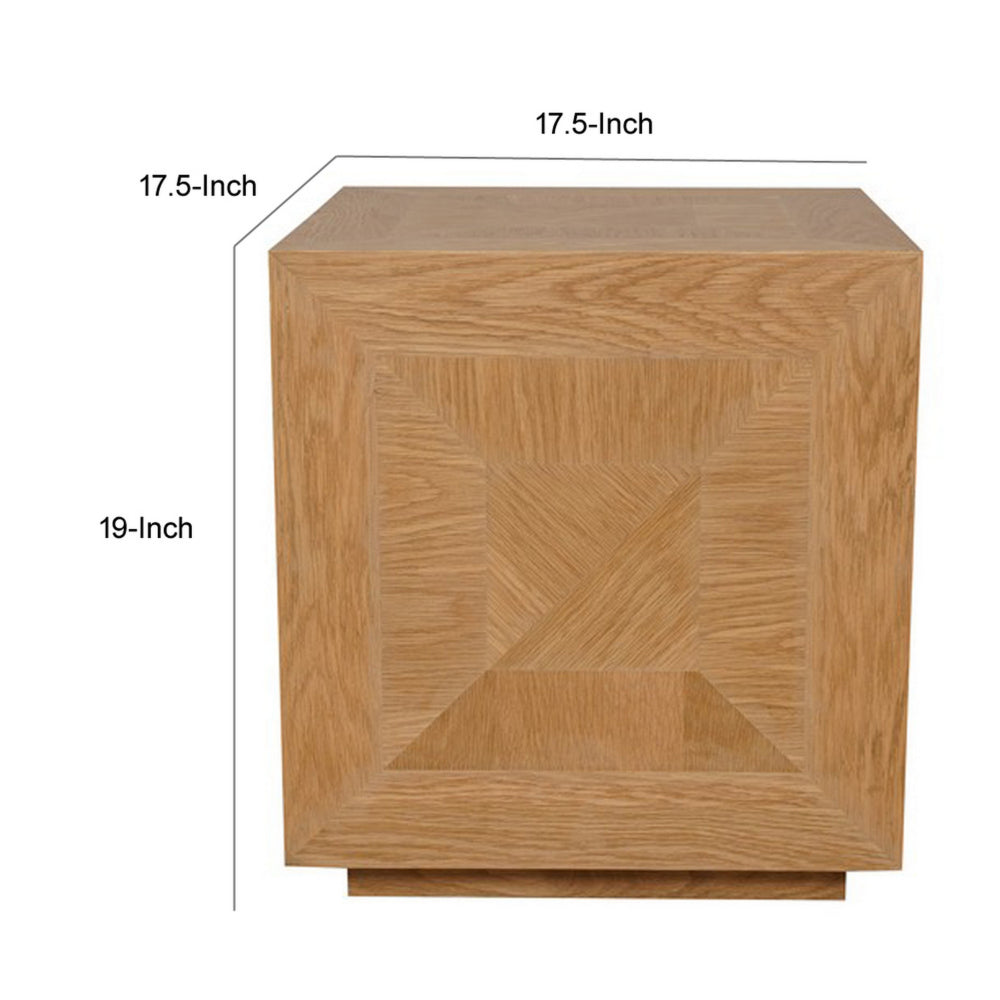 Benjara 19 Inch Side End Table, Square Geometric Design, Brown Oak Wood Veneer