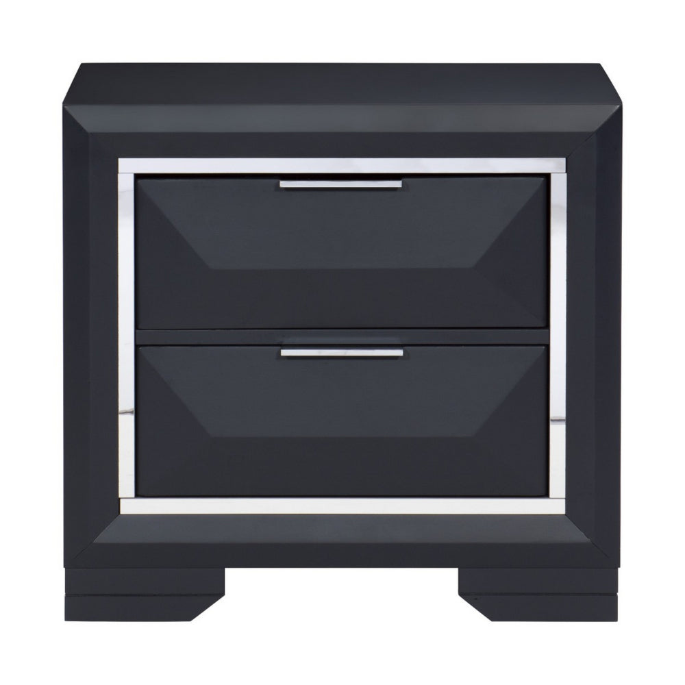 Benjara Rosy 27 Inch Nightstand, 2 Drawers, Chrome Accents, Midnight Blue Wood