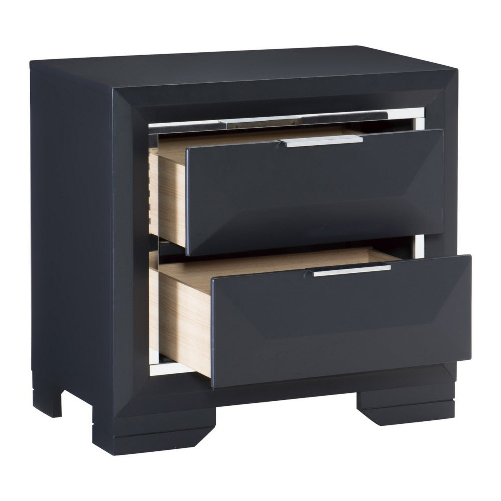 Benjara Rosy 27 Inch Nightstand, 2 Drawers, Chrome Accents, Midnight Blue Wood