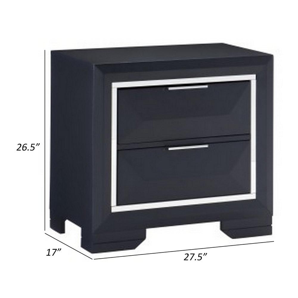 Benjara Rosy 27 Inch Nightstand, 2 Drawers, Chrome Accents, Midnight Blue Wood