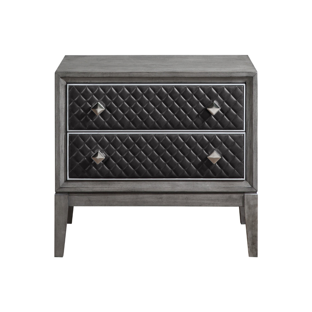 Benjara Stacy 29 Inch Nightstand, 2 Faux Leather Upholstered Drawers, Gray Wood
