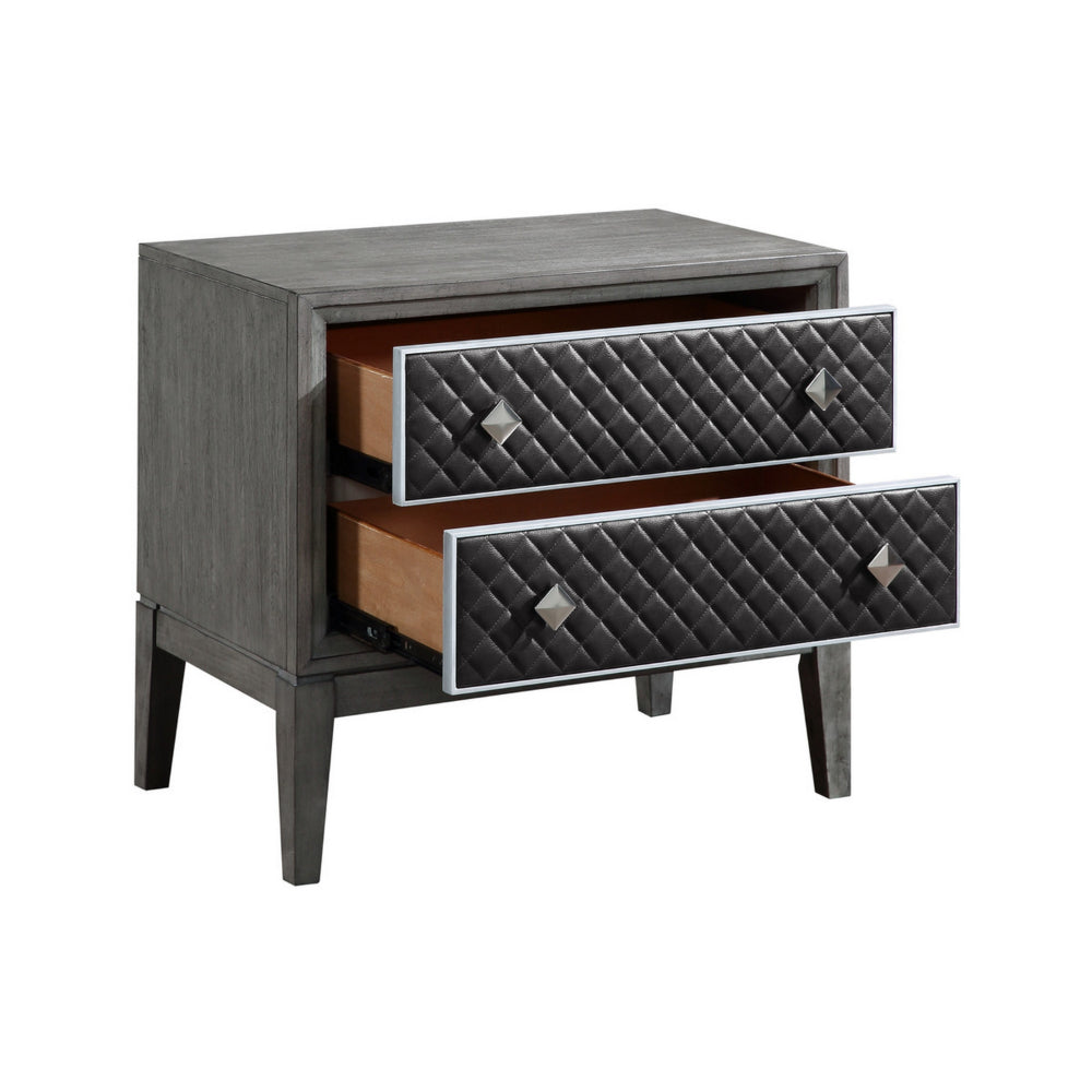 Benjara Stacy 29 Inch Nightstand, 2 Faux Leather Upholstered Drawers, Gray Wood