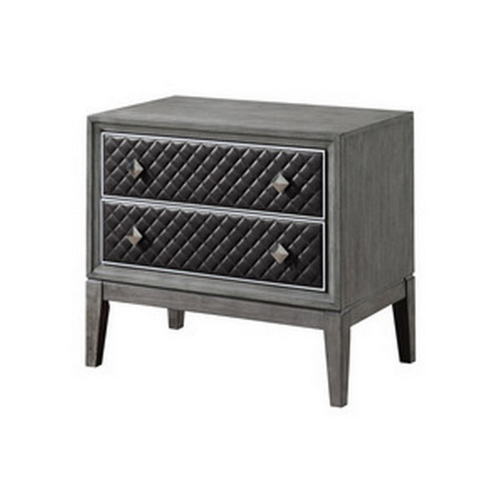 Benjara Stacy 29 Inch Nightstand, 2 Faux Leather Upholstered Drawers, Gray Wood