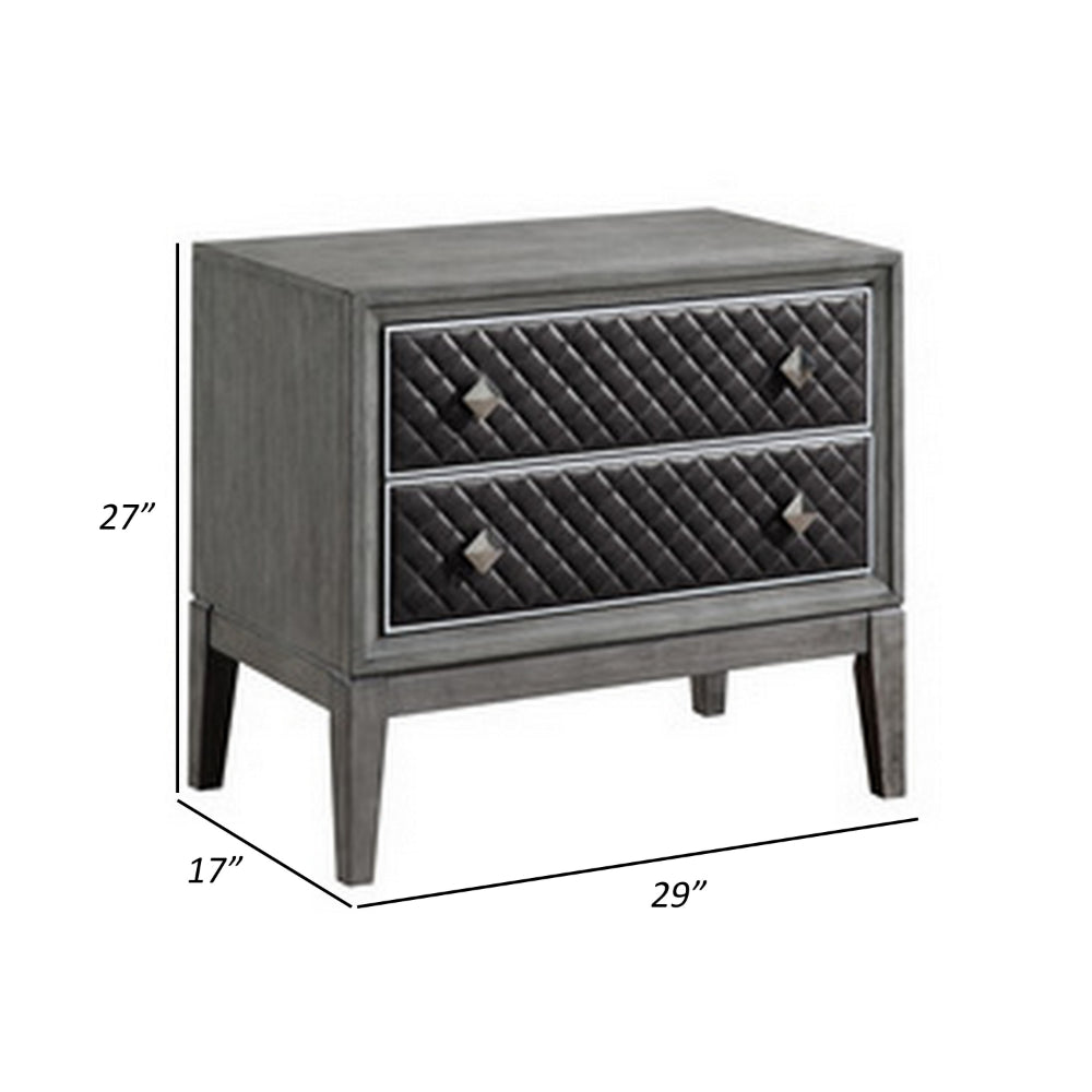 Benjara Stacy 29 Inch Nightstand, 2 Faux Leather Upholstered Drawers, Gray Wood