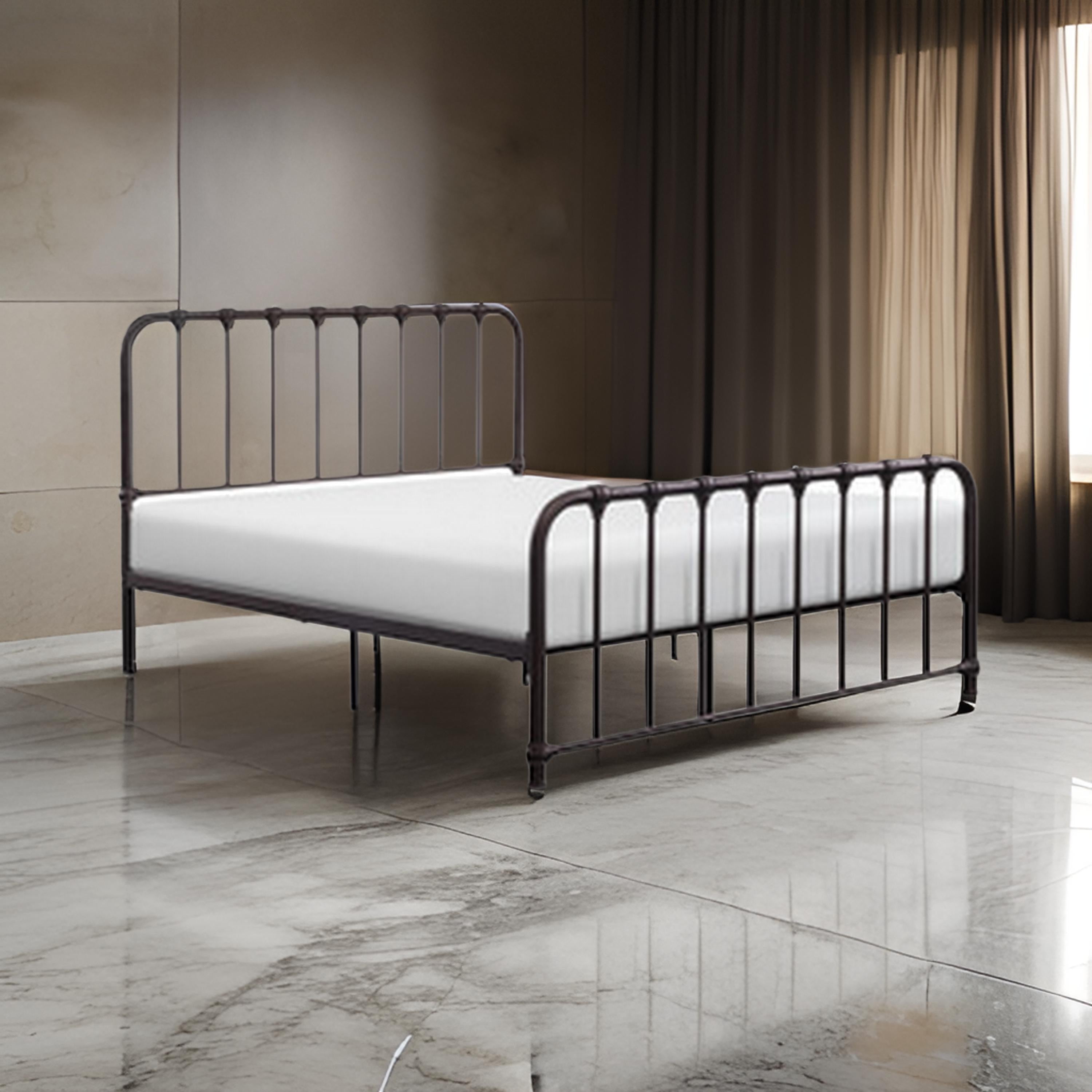 Benjara Ethan Queen Size Bed, Classic Open Slatted Metal Frame Design, Dark Bronze