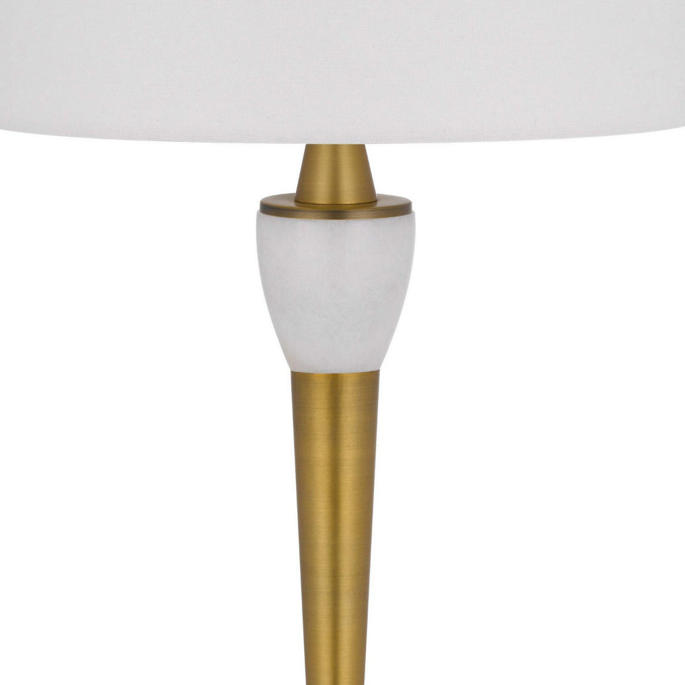 Benjara 31 Inch Table Lamp with White Drum Shade, Clear Crystal Base, Brass Finish