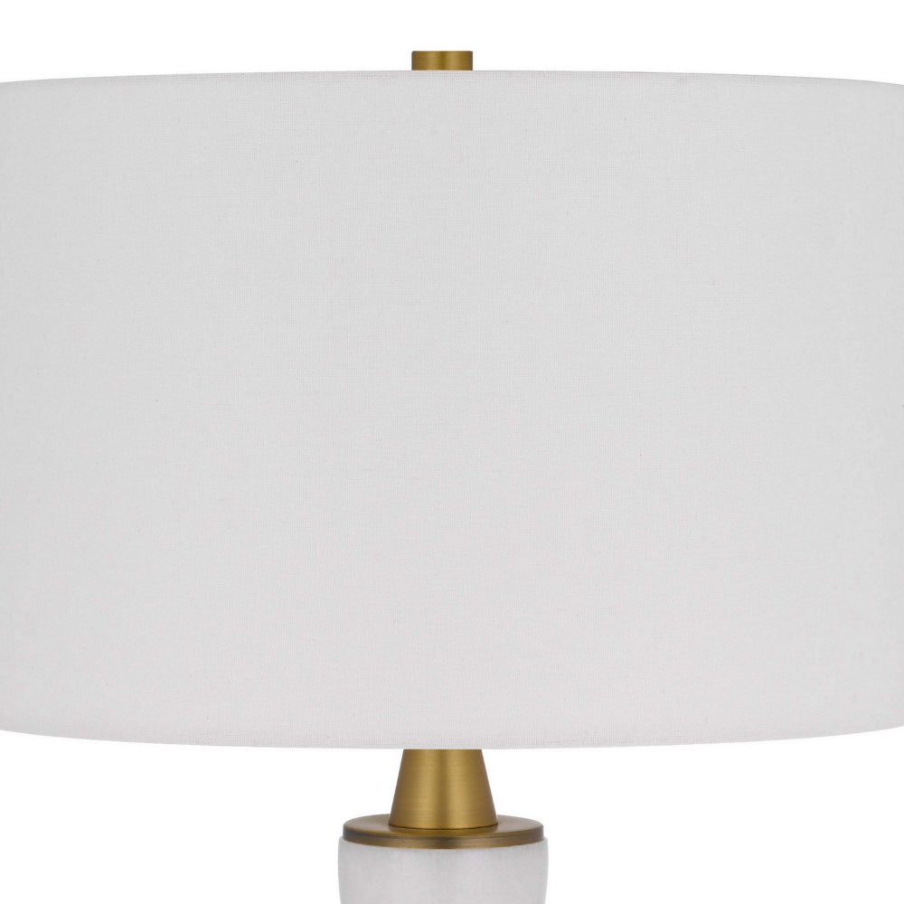 Benjara 31 Inch Table Lamp with White Drum Shade, Clear Crystal Base, Brass Finish