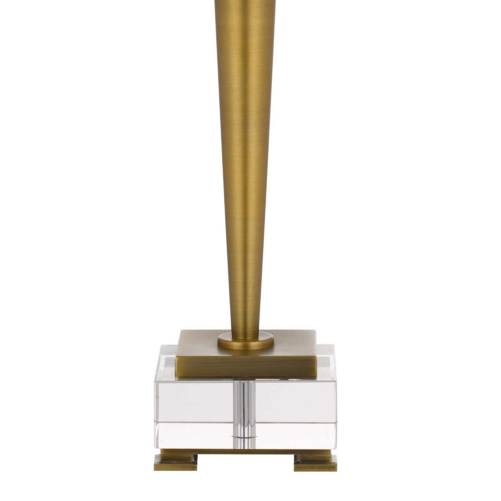 Benjara 31 Inch Table Lamp with White Drum Shade, Clear Crystal Base, Brass Finish