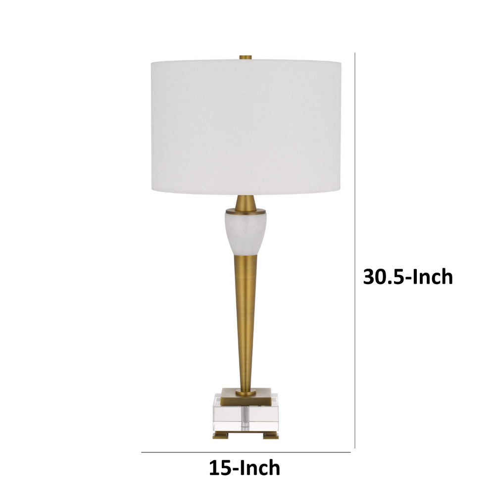 Benjara 31 Inch Table Lamp with White Drum Shade, Clear Crystal Base, Brass Finish