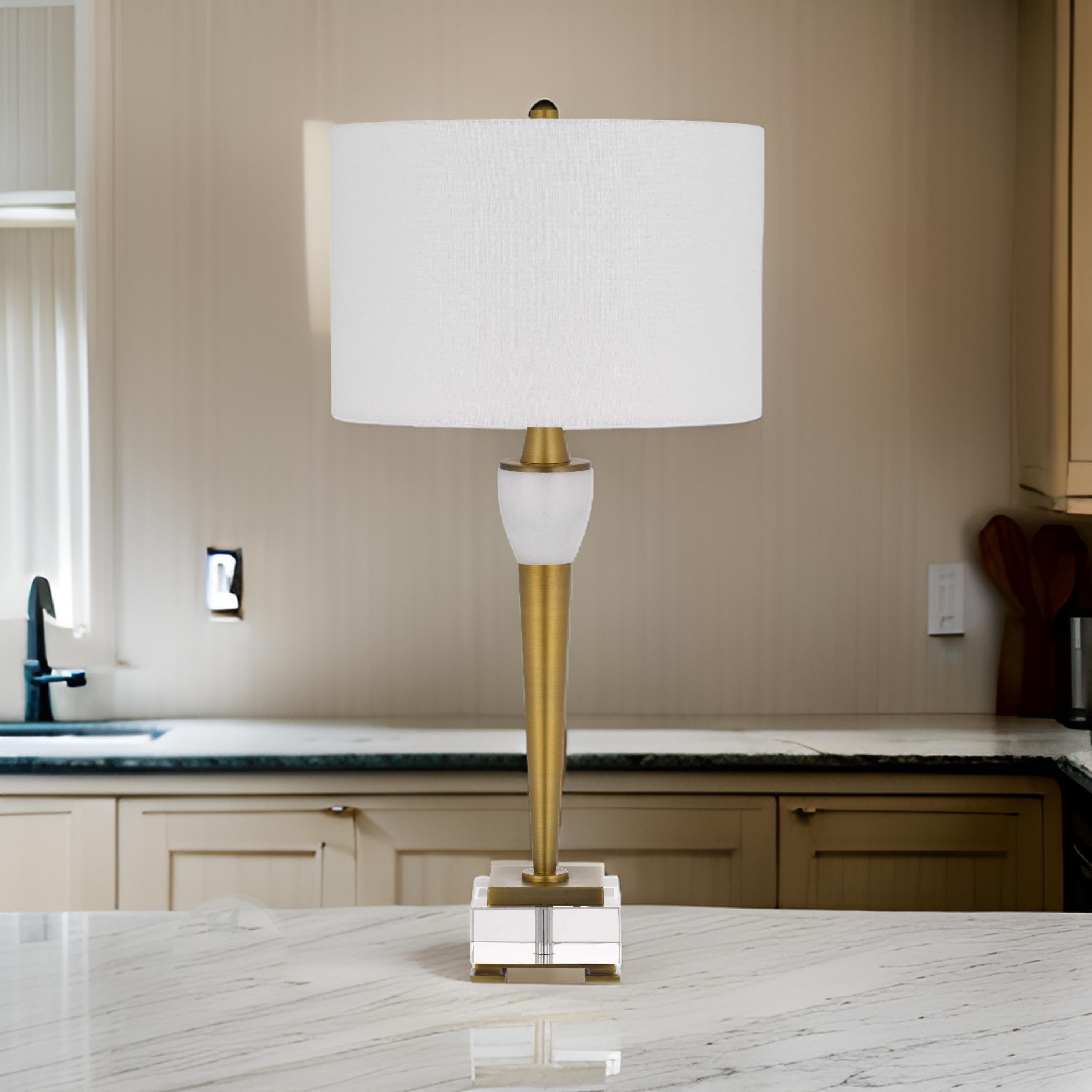 Benjara 31 Inch Table Lamp with White Drum Shade, Clear Crystal Base, Brass Finish