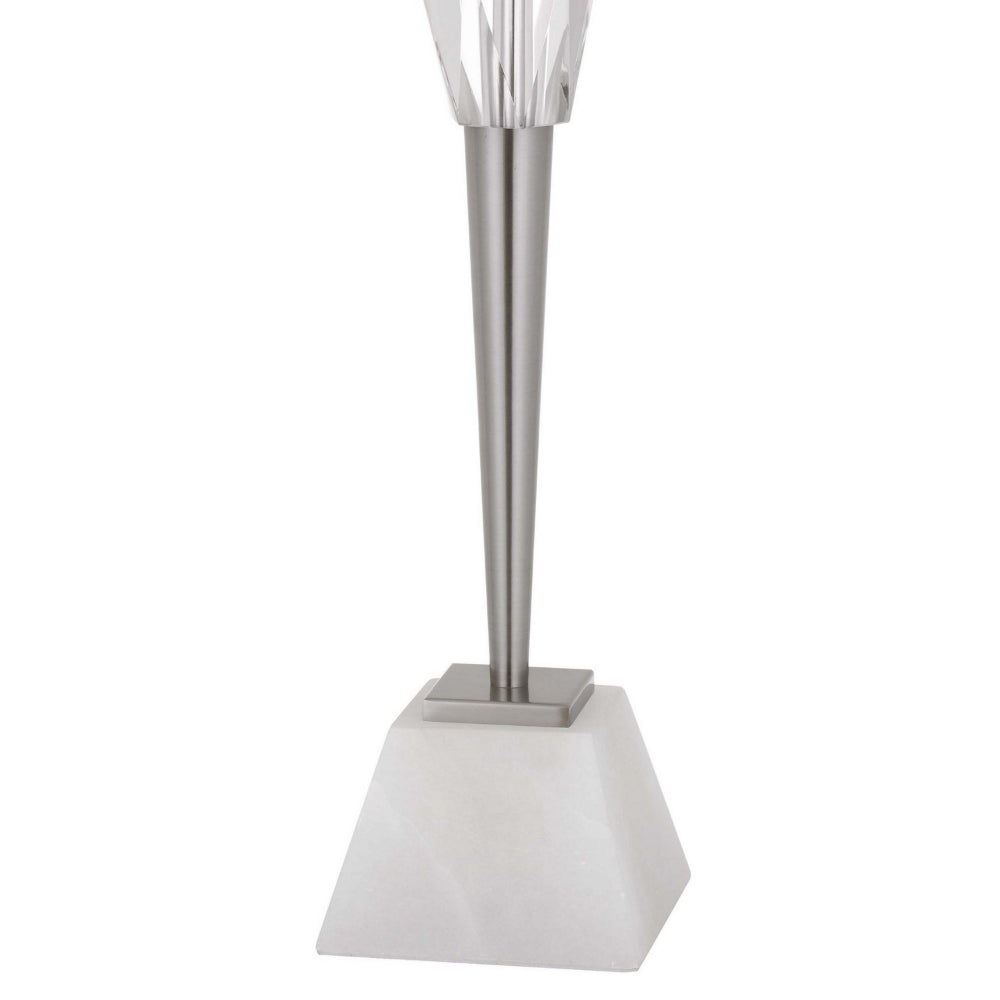 Benjara 32 Inch Table Lamp with White Drum Shade, Marble Base, Brushed Steel