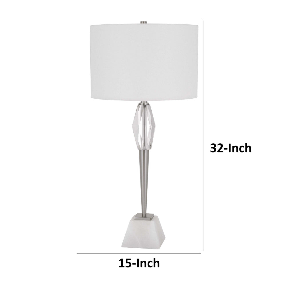 Benjara 32 Inch Table Lamp with White Drum Shade, Marble Base, Brushed Steel