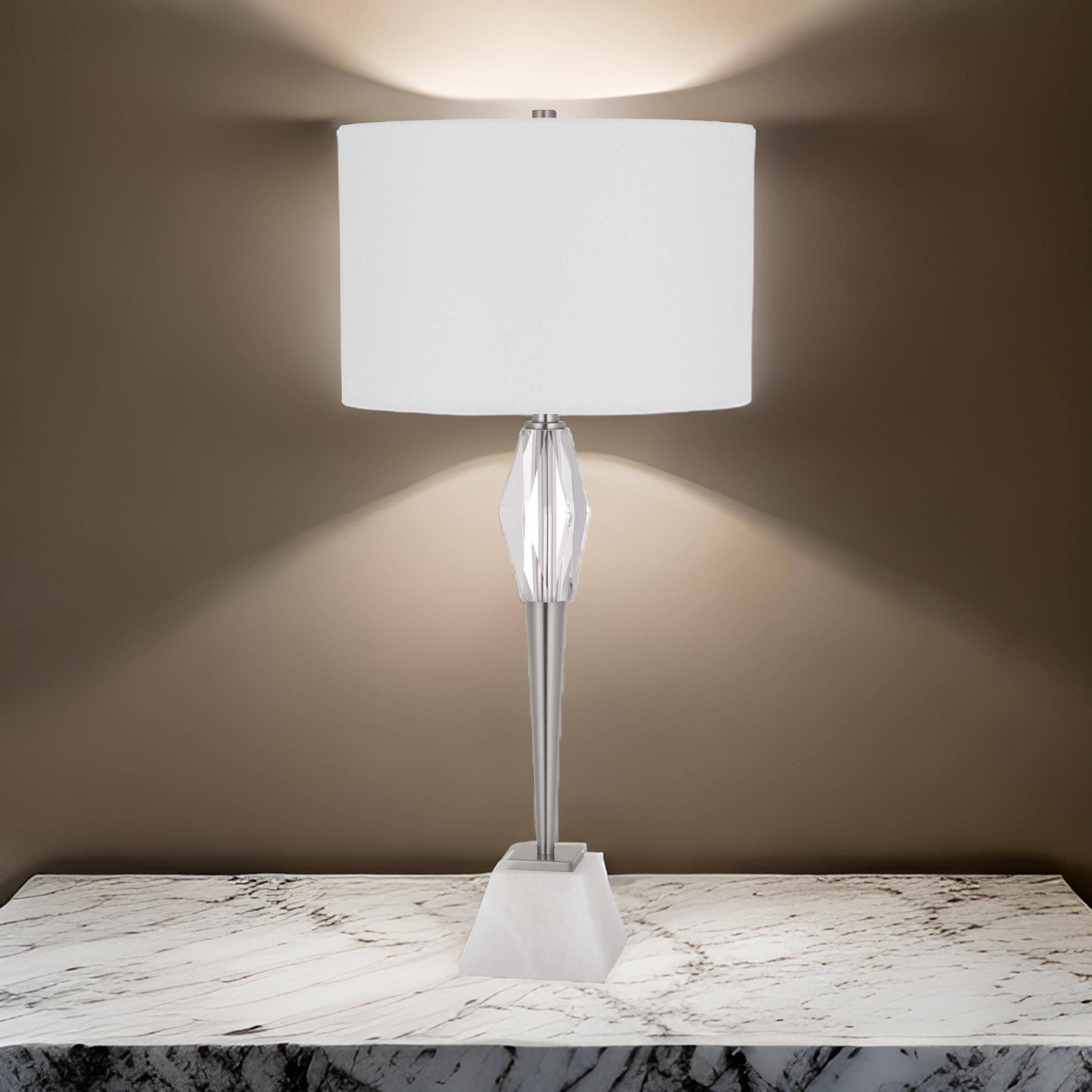 Benjara 32 Inch Table Lamp with White Drum Shade, Marble Base, Brushed Steel
