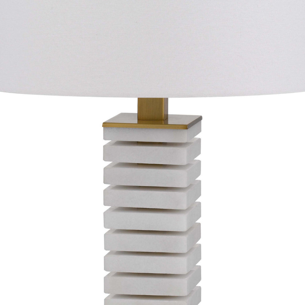 Benjara 28 Inch Table Lamp, White Drum Hardback, Marble And Antique Brass Finish