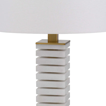 Benjara 28 Inch Table Lamp, White Drum Hardback, Marble And Antique Brass Finish