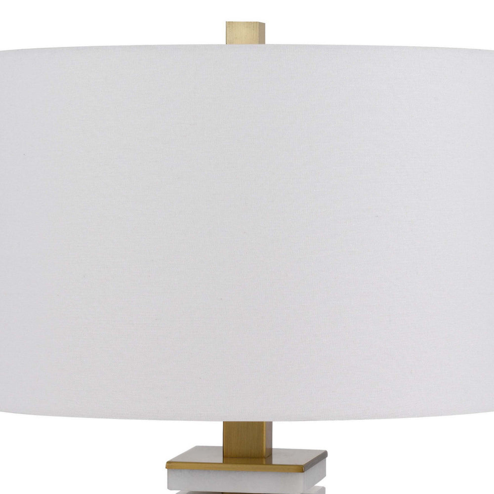 Benjara 28 Inch Table Lamp, White Drum Hardback, Marble And Antique Brass Finish