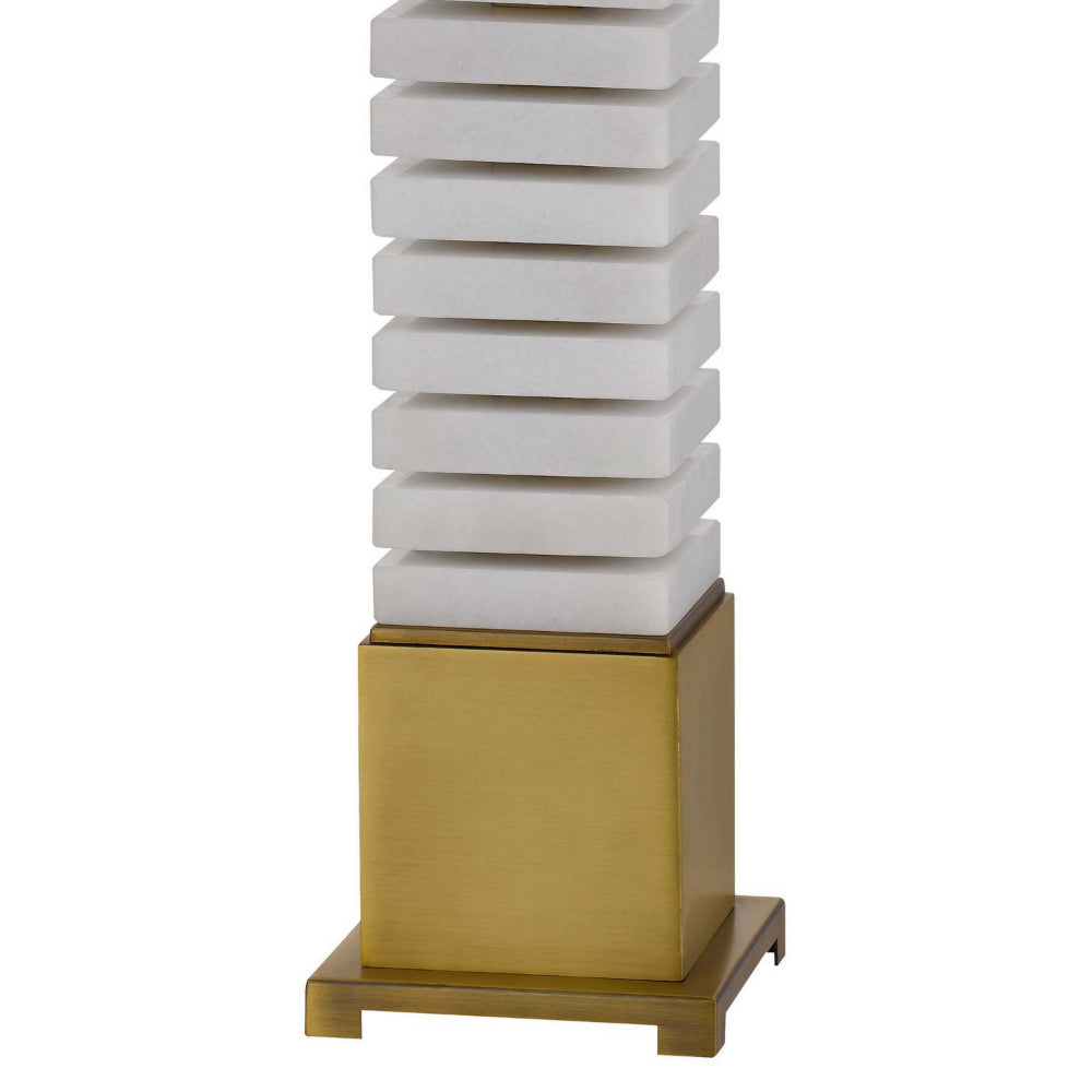 Benjara 28 Inch Table Lamp, White Drum Hardback, Marble And Antique Brass Finish