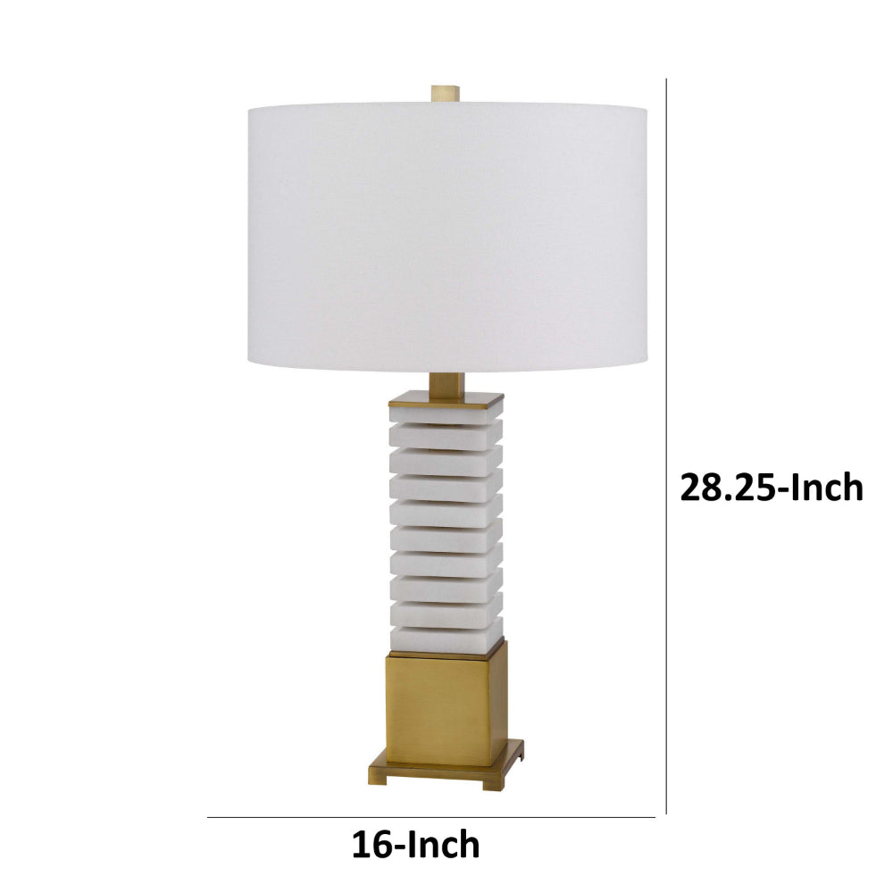 Benjara 28 Inch Table Lamp, White Drum Hardback, Marble And Antique Brass Finish