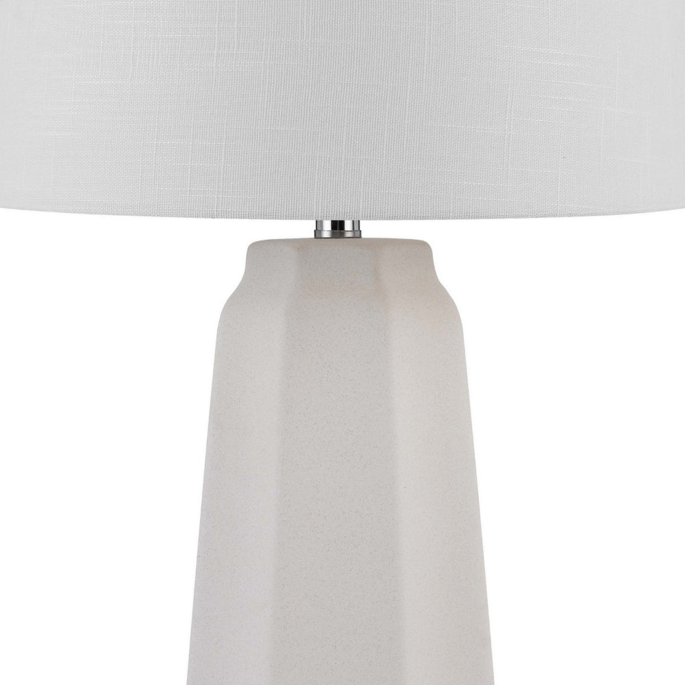 Benjara Niu 30 Inch Table Lamp Set of 2, Drum Shade, Sandy White Ceramic Prism Base