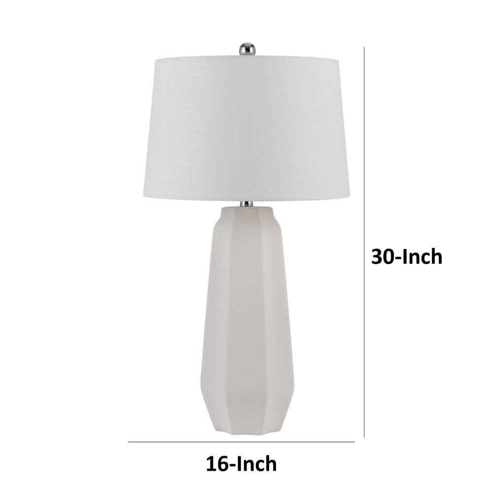 Benjara Niu 30 Inch Table Lamp Set of 2, Drum Shade, Sandy White Ceramic Prism Base