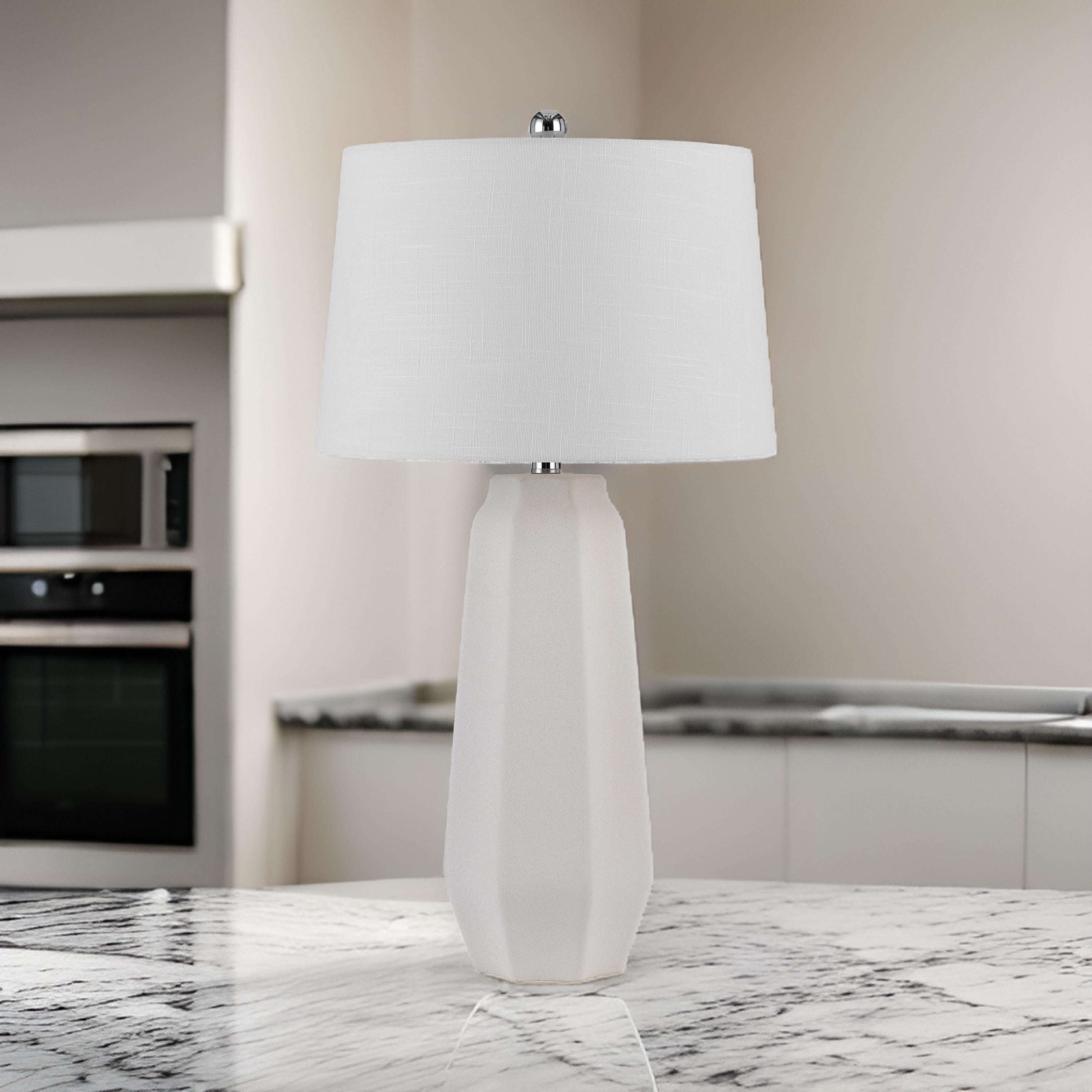 Benjara Niu 30 Inch Table Lamp Set of 2, Drum Shade, Sandy White Ceramic Prism Base