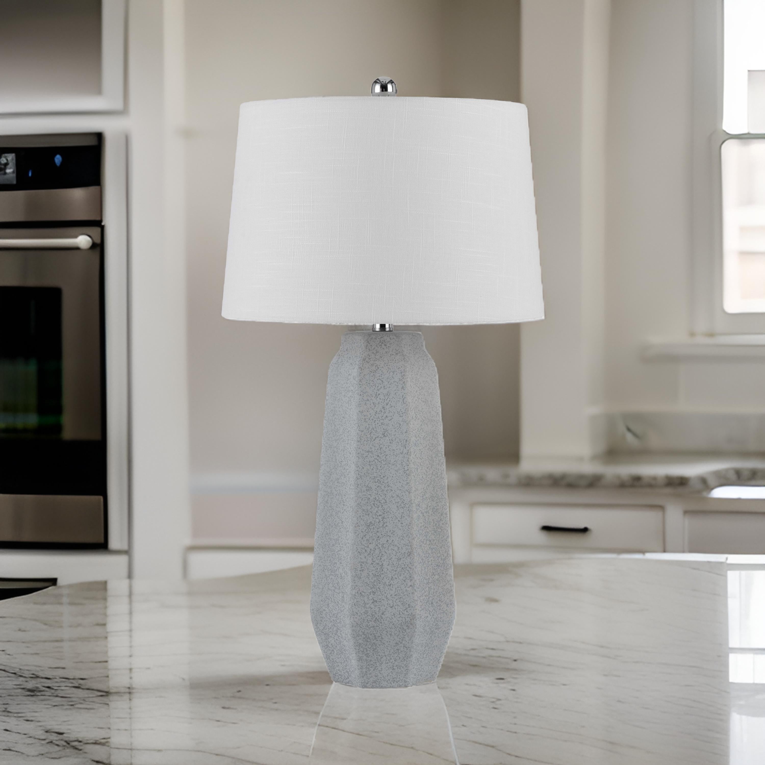 Benjara Niu 30 Inch Table Lamp Set of 2, Drum Shade, Stone Gray Ceramic Prism Base