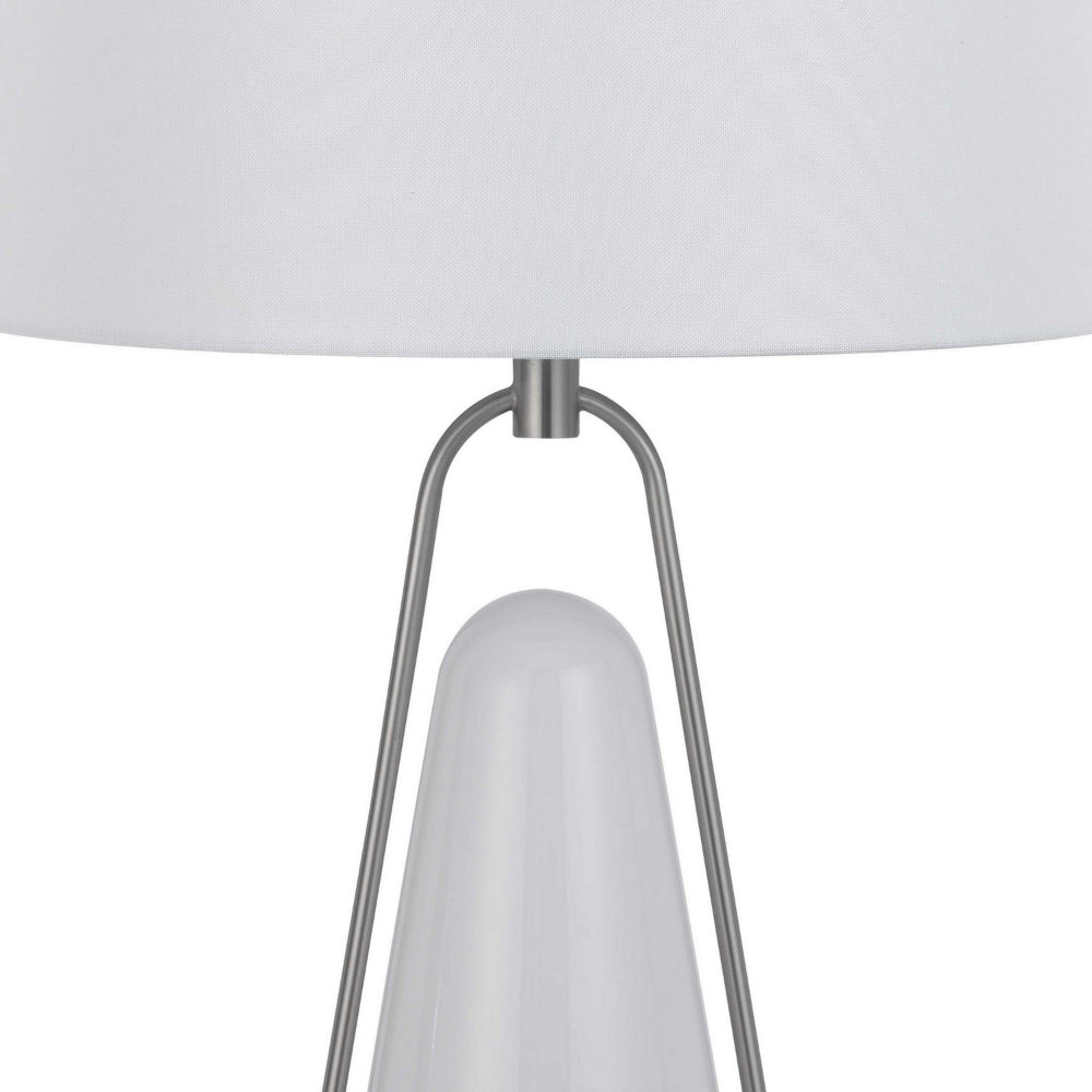Benjara 29 Inch Table Lamp, LED Lit, White Drum Hardback, Silver Metal And Glass