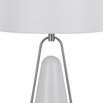 Benjara 29 Inch Table Lamp, LED Lit, White Drum Hardback, Silver Metal And Glass
