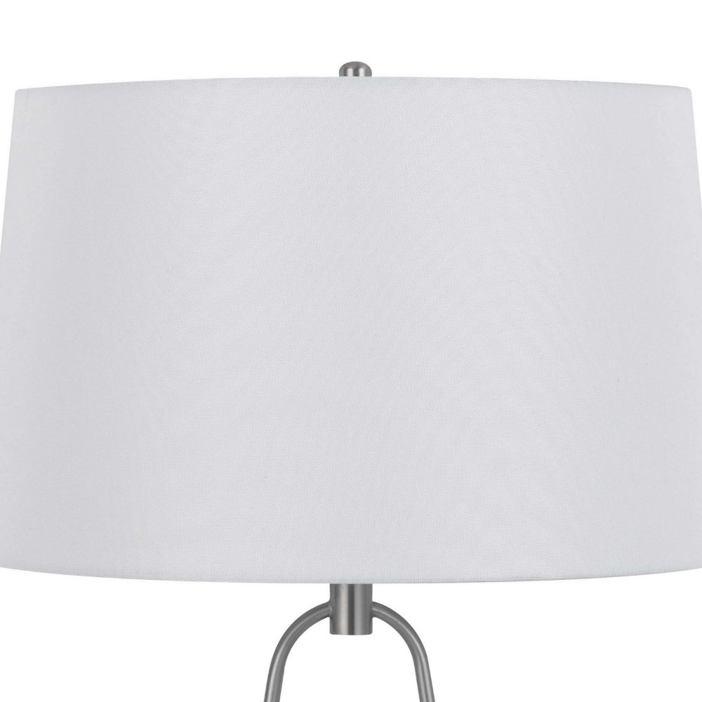 Benjara 29 Inch Table Lamp, LED Lit, White Drum Hardback, Silver Metal And Glass