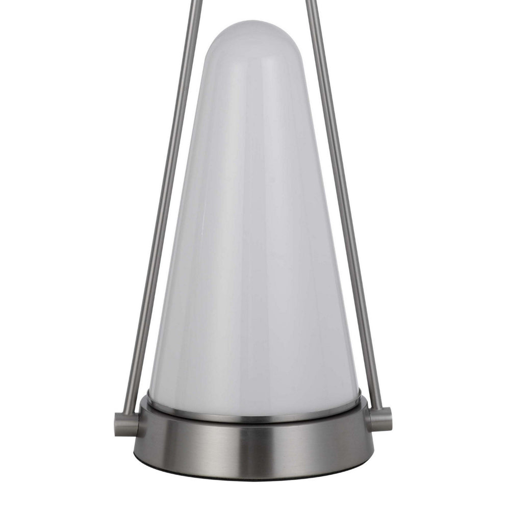 Benjara 29 Inch Table Lamp, LED Lit, White Drum Hardback, Silver Metal And Glass