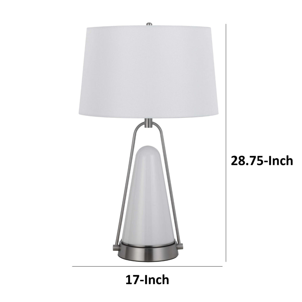 Benjara 29 Inch Table Lamp, LED Lit, White Drum Hardback, Silver Metal And Glass