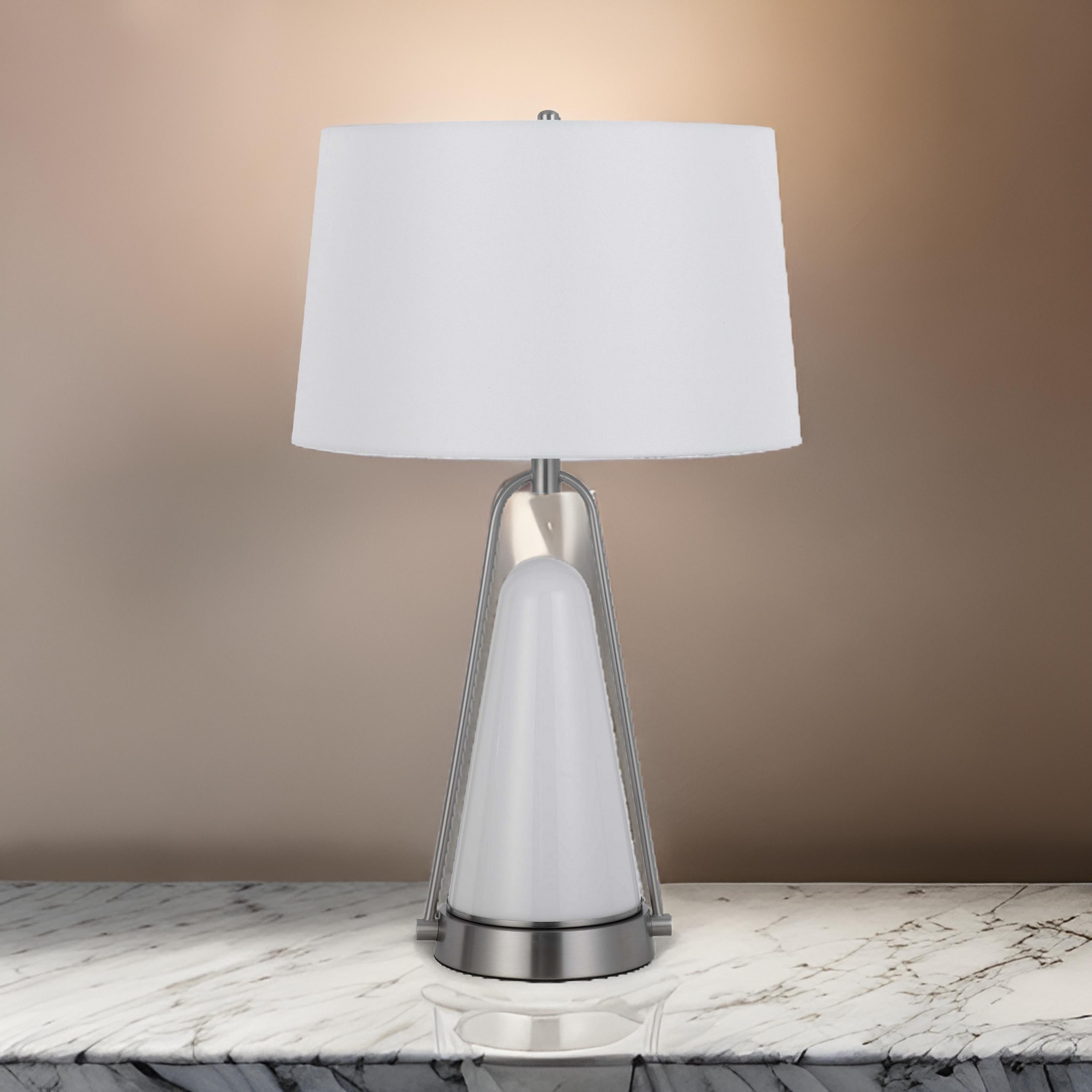 Benjara 29 Inch Table Lamp, LED Lit, White Drum Hardback, Silver Metal And Glass