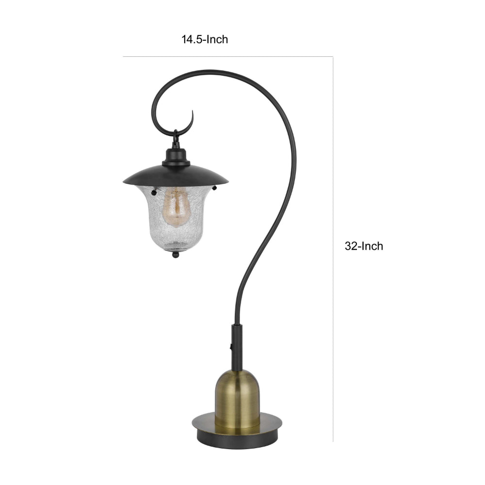 Benjara Lem 32 Inch Table Lamp, Classic Lantern, Glass Shade, Bronze Metal Finish